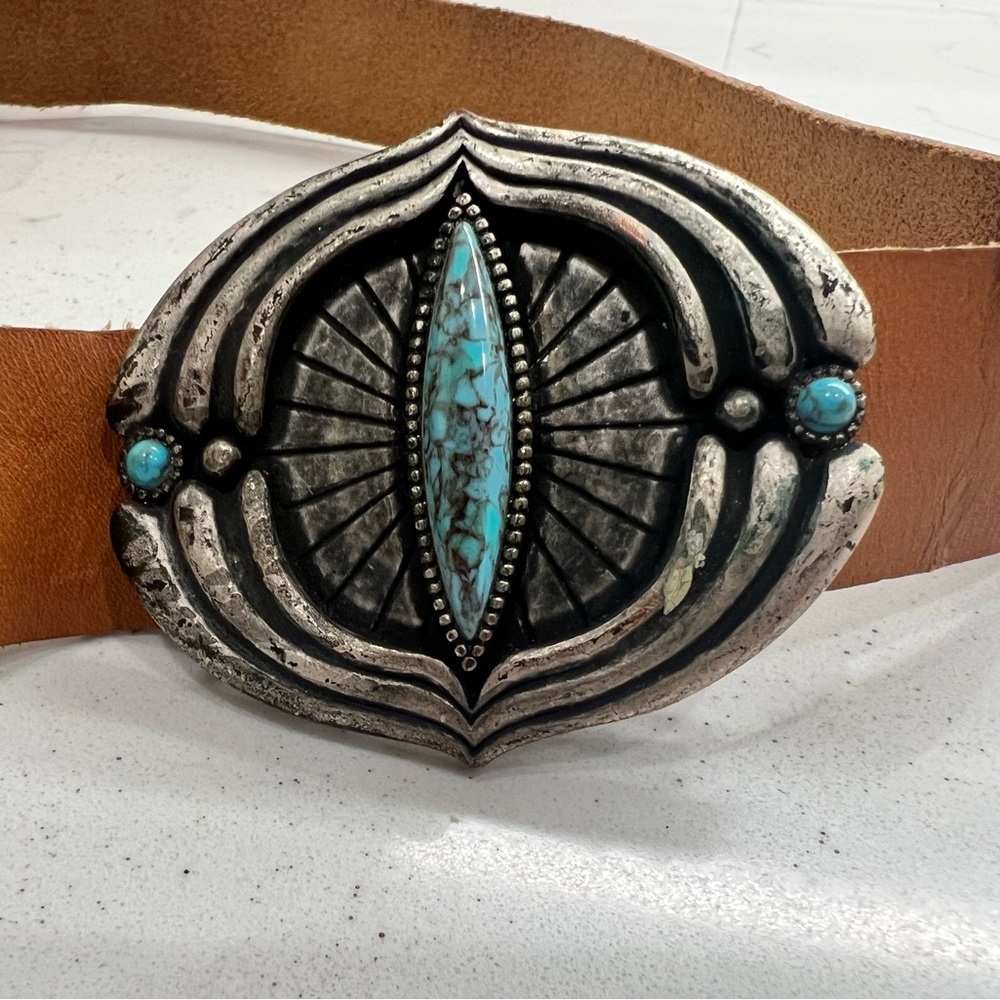 Vintage 70/80s BERGERE Original Leather Belt with Turquoise Silver Buckle
